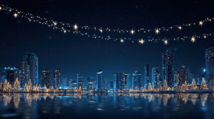 Fototapeta premium Nighttime city skyline with illuminated skyscrapers and reflected starscape