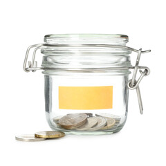 Jar with blank note and money isolated on white