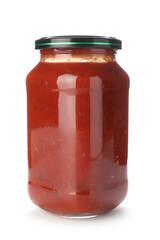 Jar of tomato sauce isolated on white