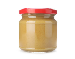 Jar of mustard sauce isolated on white