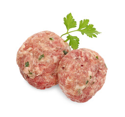 Fresh raw meat patties and parsley isolated on white, top view