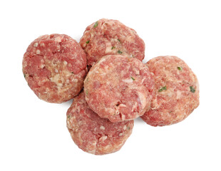 Fresh raw meat patties isolated on white, top view