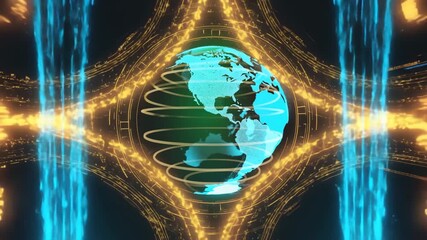 Futuristic digital globe spinning with glowing energy streams and abstract data patterns earth world 4K Ai HD video.	
 - Powered by Adobe