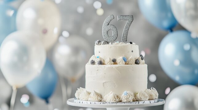 Elegant 67th birthday celebration with cake and balloons for a memorable event
