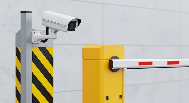 Security camera and automatic barrier gate for security in a restricted area, ensuring safety and monitoring access to the parking lot or private property - Powered by Adobe