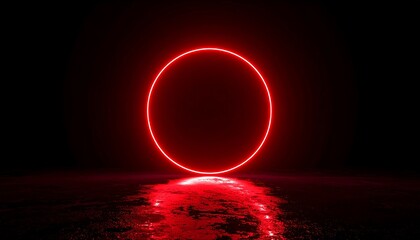 Glowing red circle above a reflective surface against a stark black background, creating a futuristic, minimalist scene