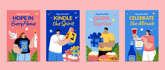 Hanukkah vertical greeting cards with traditions gifts and symbols in hand-drawn flat cartoon style