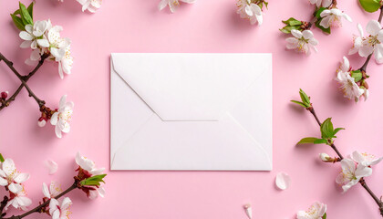 Blank envelope surrounded by delicate spring flowers, pastel pink background, elegant composition