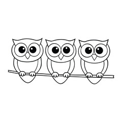 Three adorable owls sit side by side on a tree branch, their big eyes wide with wonder. Surrounded by leaves, this charming coloring page brings woodland cuteness to life.

