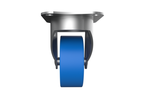 Heavy Duty Industrial Swivel Caster Wheel 3D Render: Blue Polyurethane Trolley Replacement Part with Chrome Metal Housing. Essential Hardware for Carts, Furniture, and Commercial Equipment, Isolated