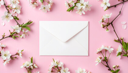 Blank envelope surrounded by delicate spring flowers, pastel pink background, elegant composition