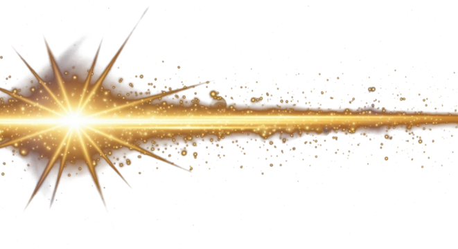 Horizontal golden light rays with glare flashes and sparkling glow on transparent background clean png