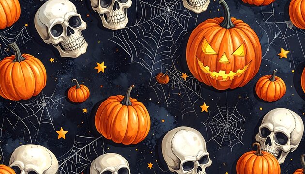 Halloween pattern featuring skulls, pumpkins, spiderwebs, and stars on a dark blue, speckled background