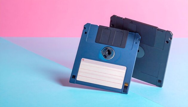 Two blue floppy disks on a pastel pink and blue background, reminiscent of vintage technology and data storage