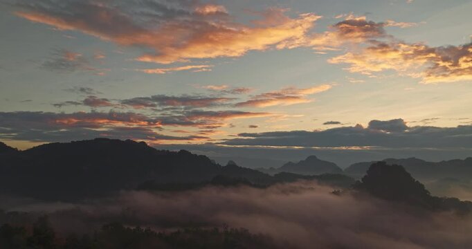 Aerial view of Sea of mist at Ban Jabo is a Black Lahu village on the Mae Hong Son Loop. The location is spectacular and the views of the mountains of Thailand and Myanmar are magnificent.