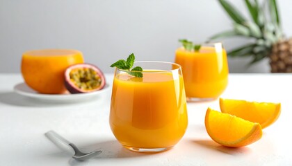 Two glasses filled with orange liquid, with various fruits (pineapple, orange, passion fruit) on a white surface