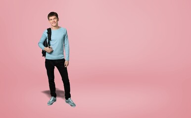 Full body smart student man with backpack bag