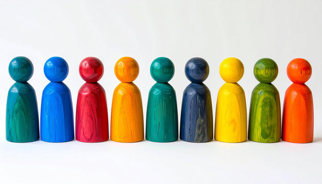 Painted wooden figures arranged in a row, isolated on white background, diversity and inclusivity