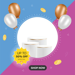 Flash Sale Product Display Podium Vector Banner: Trendy E-commerce Promotion Graphic with Pedestals and Vibrant Background for Special Offers.