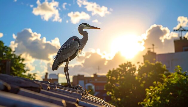 Heron stands on a rooftop with sun setting behind, illuminating a bright, cloudy sky and urban landscape - Powered by Adobe