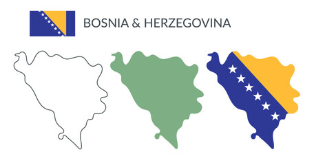 Bosnia and Herzegovina country geographical borders isolated on white background. Flag of Bosnia and Herzegovina. Vector flat cliparts.