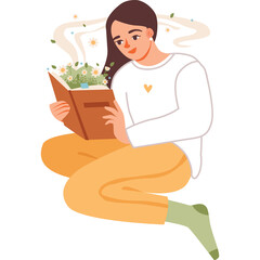 Peaceful Young Woman With Long Brown Hair Sitting Cross-Legged Reading A Book With Flowers And Leaves Emerging From Its Pages Soft Colors Gentle Lighting On Transparent Background