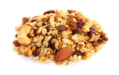 Pile of tasty granola with dried fruits and nuts isolated on white