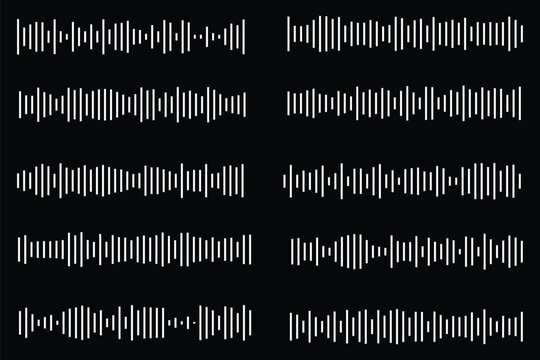 Podcast sound waves. Audio waveforms line icons, sound wave frequency or voice microphone signals. Music, podcast and broadcast, UI and audio branding design. Isolated vector set