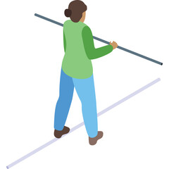 Person Balancing With Pole On Tightrope In Blue Pants And Green Top With White Background