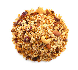 Pile of tasty granola with dried fruits and nuts isolated on white, top view