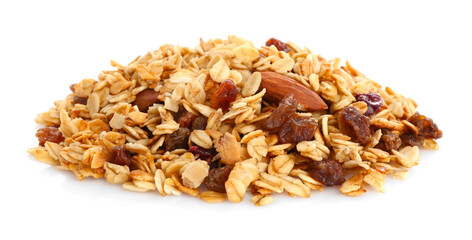 Pile of tasty granola with dried fruits and nuts isolated on white