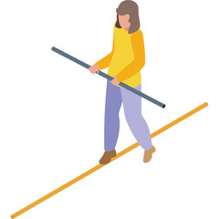 Person Balancing With Pole On Tightrope Wire In Yellow Top Blue Pants And Brown Shoes With Transparent Background