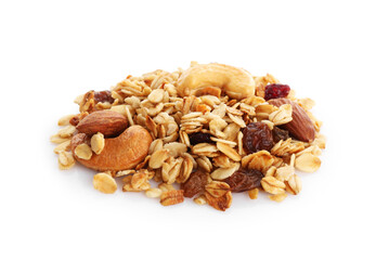 Pile of tasty granola with dried fruits and nuts isolated on white