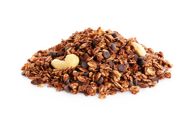 Pile of tasty granola with chocolate chips and nuts isolated on white