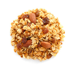 Pile of tasty granola with dried fruits and nuts isolated on white, top view