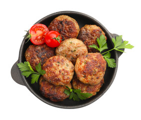 Delicious patties with parsley and tomatoes in pan isolated on white, top view