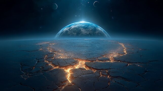 Stunning Celestial Landscape of a Vibrant Earth-like Planet with Glowing Fissures in Dark Space