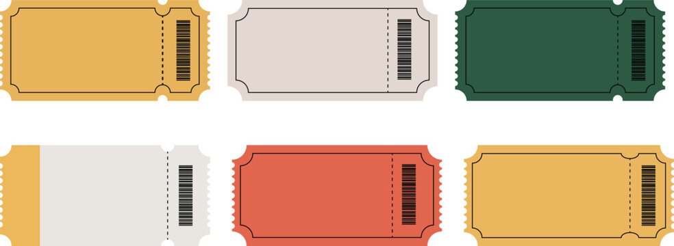 ticket coupon icon vector set, event voucher admission template, retro barcode blank tag design