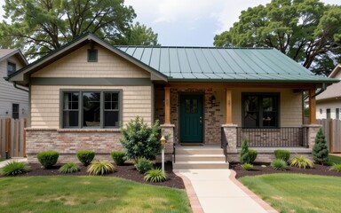 Fototapeta premium Charming house with a metal roof and landscaped yard in a suburban setting.