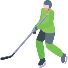 Green Jersey Ice Hockey Player With Stick In Action On Transparent Background In Isometric View Focused On Goal Shot