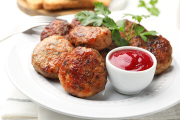 Delicious patties with parsley and ketchup on table, closeup