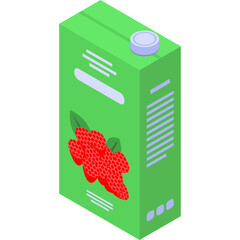 Green juice carton with raspberry illustration and light blue cap isometric view isolated on white background healthy beverage packaging design