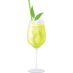 Green Juice In Tall Glass With Straw and Leaves Isolated On White Background