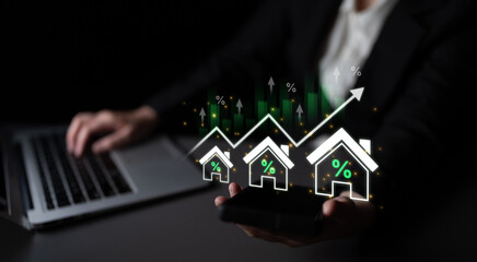 Concept of real estate investment and a rising housing market. The increase in property value is...