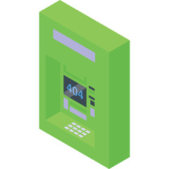 Green Isometric ATM Machine Displaying 404 Error Code on Screen with Pixelated Keyboard on Transparent Background Detailed Vector Art