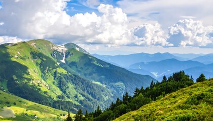 Lush, green mountains fade into blue distance under a partly cloudy sky on a bright, sunny day
