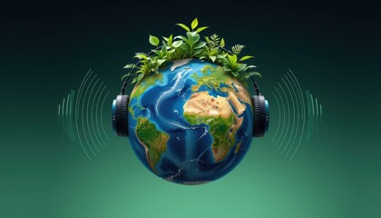 Naklejka premium A globe with headphones, symbolizing harmony between nature and music.