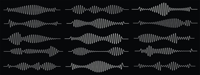 Podcast sound waves. Audio waveforms line icons, sound wave frequency or voice microphone signals. Music, podcast and broadcast, UI and audio branding design. Isolated vector set