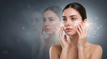 A woman applies cream to her face. Female skincare routine for anti aging and beauty treatment. Hydrating product for healthy skin rejuvenation.