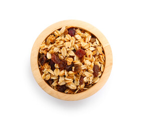 Tasty granola with dried fruits in bowl isolated on white, top view